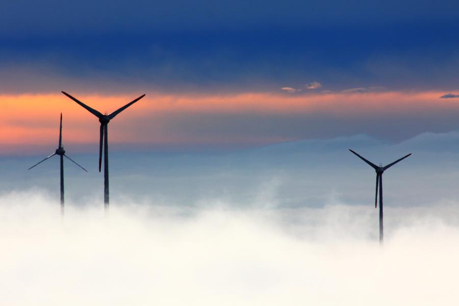 Wind turbines rising above the mist