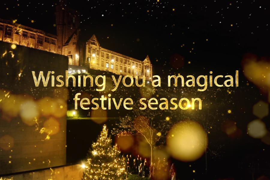Sparkling Christmas Tree outside Pontio & Main Arts Building with Caption 'Wishing You a Magical Festive Season'