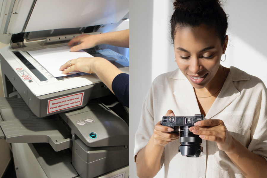 Split photograph showing someone photocopying and another taking a photograph