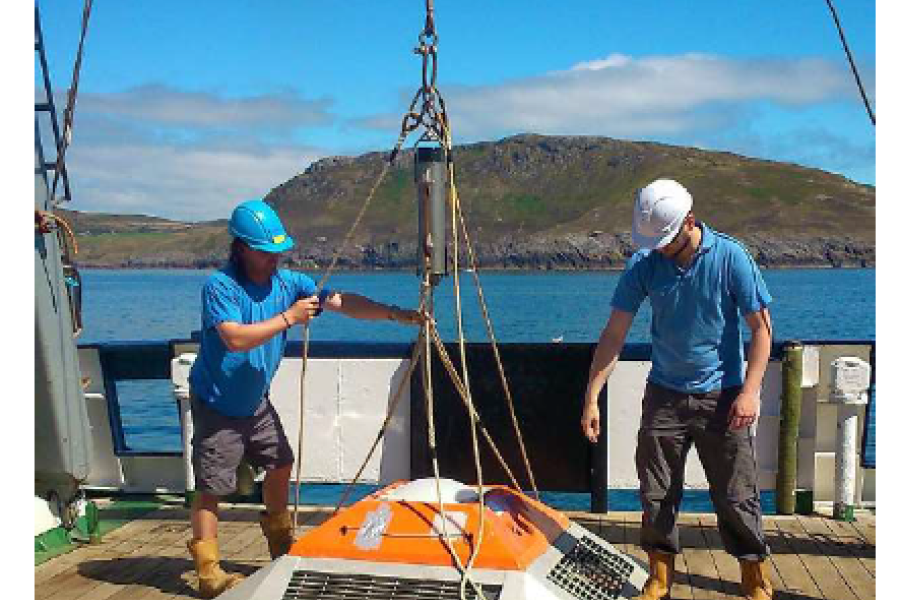  twp me i b;ue shirts and hard hats on board the Research vessel the Prince Madog delopying equipment