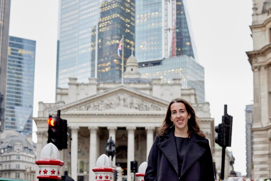 Graduate Awen Edwards outside her workplace, a law firm office in London