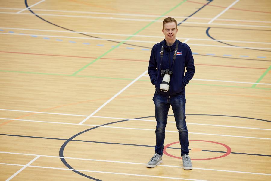 Jamie Thomas, Bangor graduate and social media officer for GB Basketball, on a Basketball court