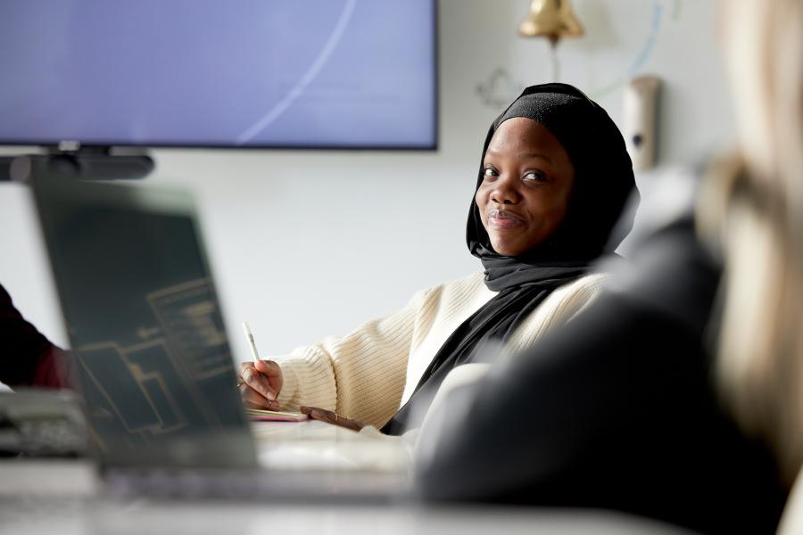 Student Fatima Abubakar studying in an M-SParc meeting room