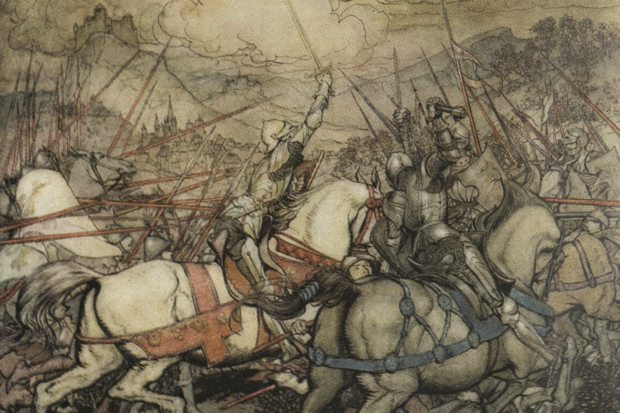Illustration from The Romance of Arthur of battle 20th century book