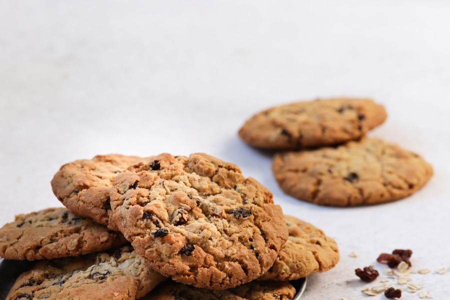 A tray of oat and raisin cookies