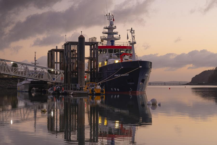 The Prince Madog research vessel at dusk 