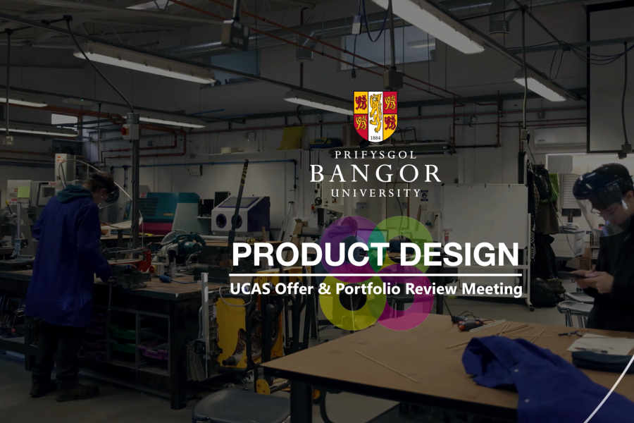 Product Design Portfolio Review Meeting video thumbnail showing the Bangor University logo and video title