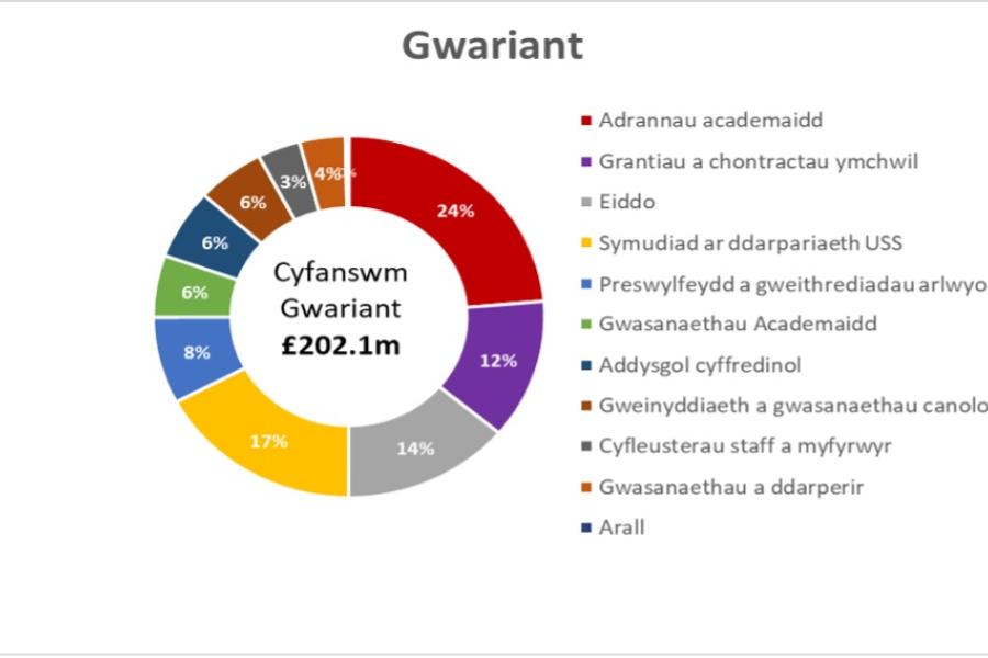 Mae’r siart hwn yn dangos % gwariant y Brifysgol ar Adrannau Academaidd / Ymchwil / Adeiladau / Darpariaeth USS / Preswylfeydd ac Arlwyo / Gwasanaethau Academaidd / Addysg Gyffredinol / Gweinyddiaeth Ganolog / Cyfleusterau Staff a Myfyrwyr / Gwasanaethau a Ddarperir ac Eraill.
