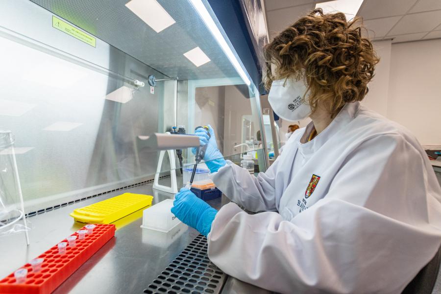 Person testing samples in a lab