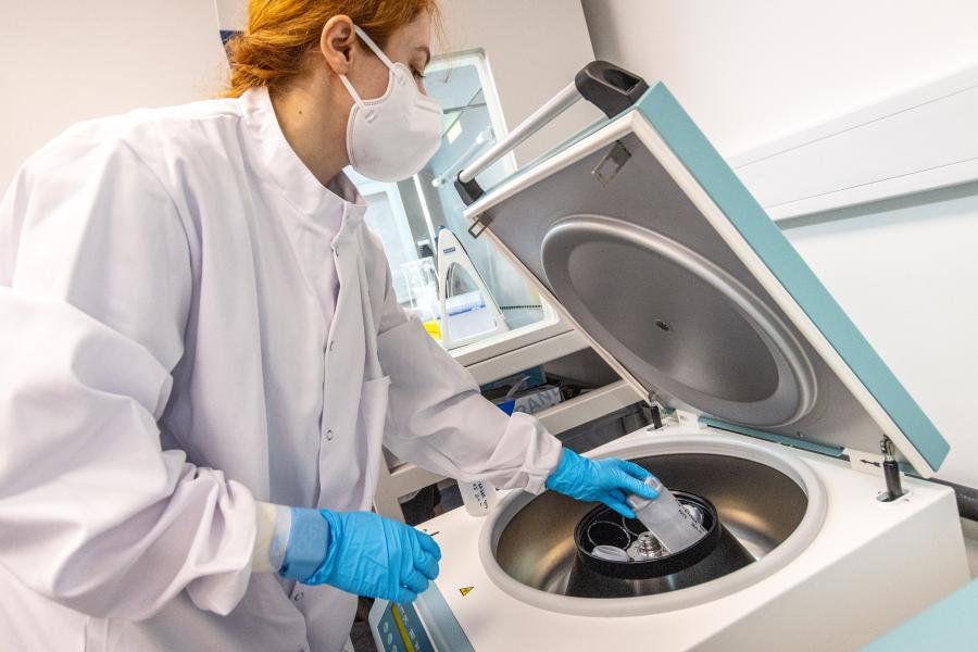 Person testing samples in a lab