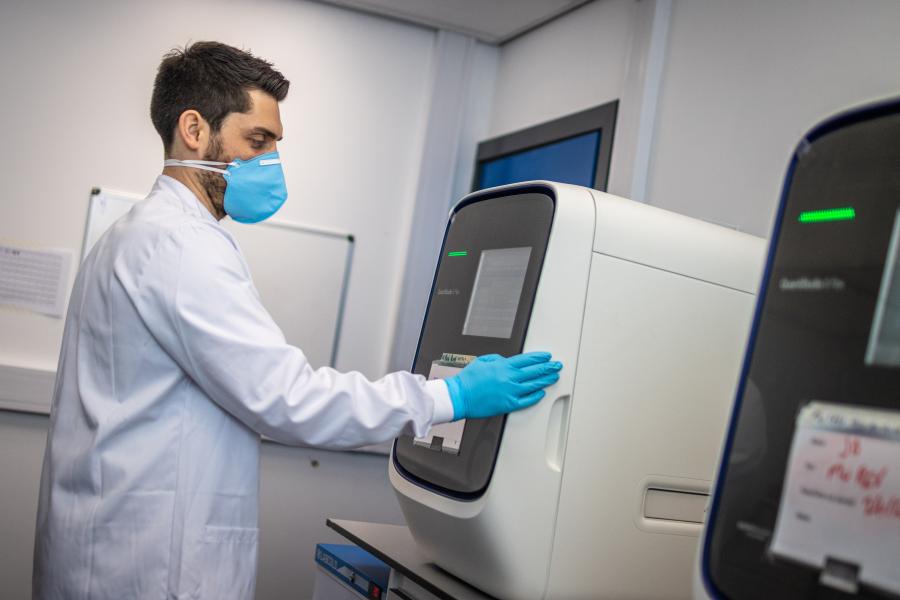 Person testing samples in a lab