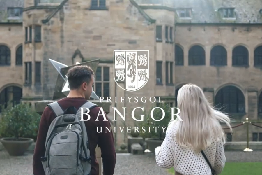 Two students walking with their backs to the camera in the inner quad, Bangor University