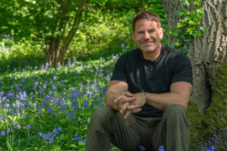 Steve Backshall sits outside surrounded by bluebells and a background of trees