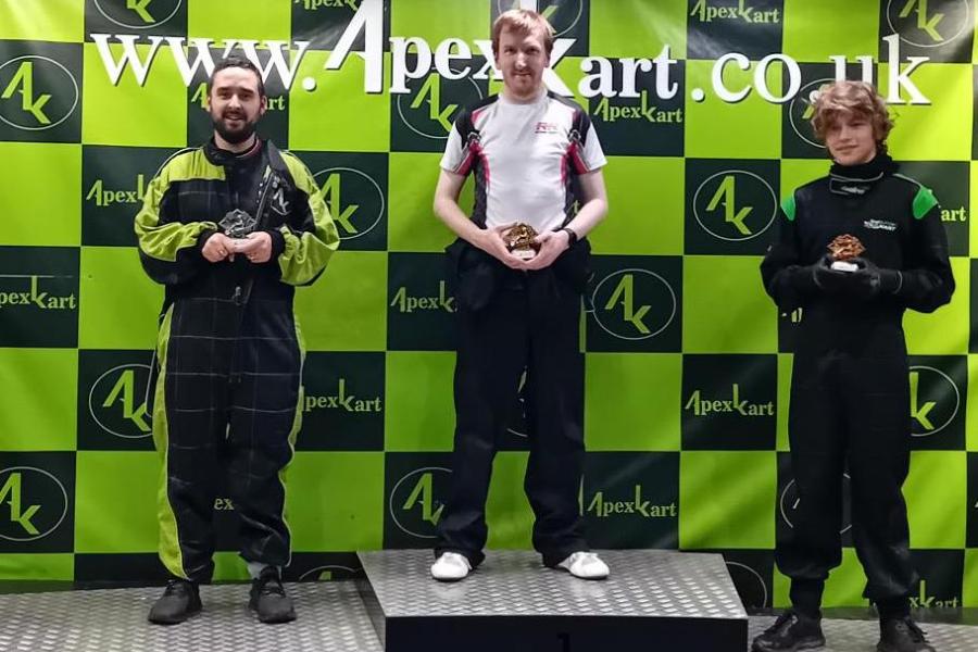 Winners of the karting, Dr Daniel Roberts (left), Dr Pete Butcher (centre), and Bradley Harper (right)