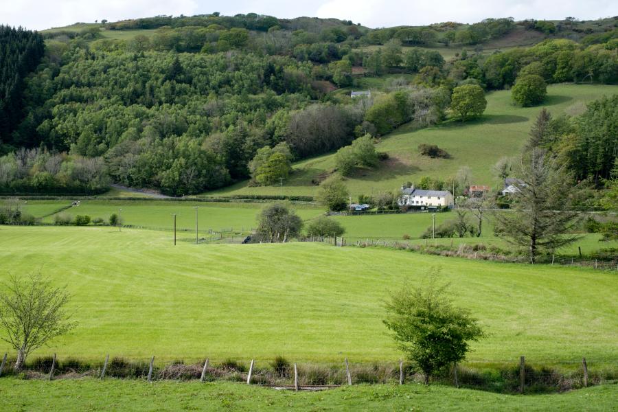 A rural farmhouse siths amid green fields and  a tree covered slope