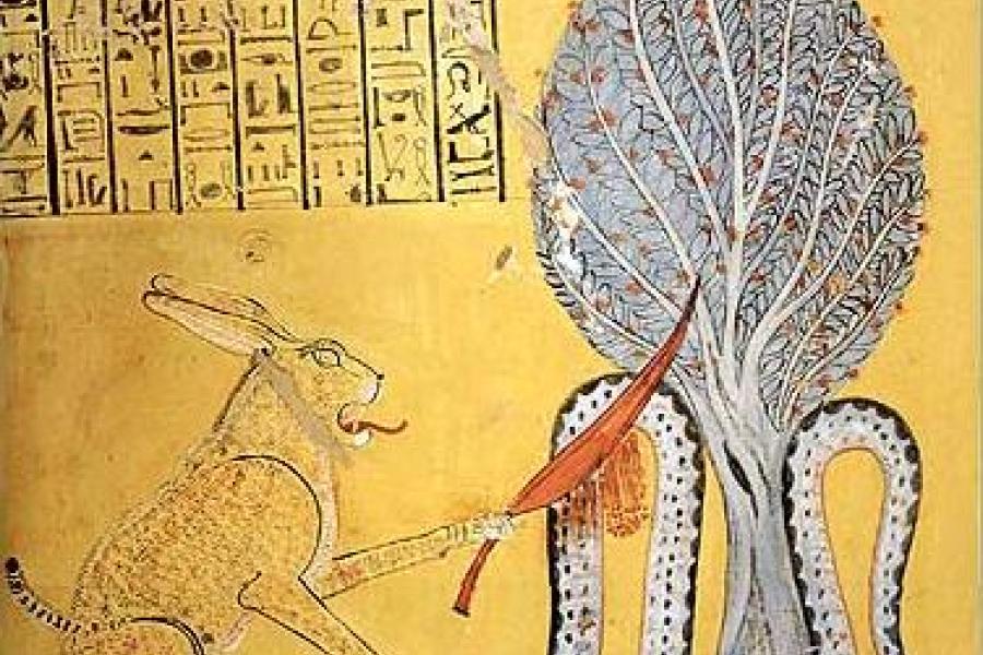 a hare-like creatute slays a snake on front of a tree, top left are hyroglyphs, all on a gold background