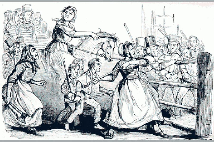 a cartoon drawing of men dressed as women in the 19th century attacking a gate with axes