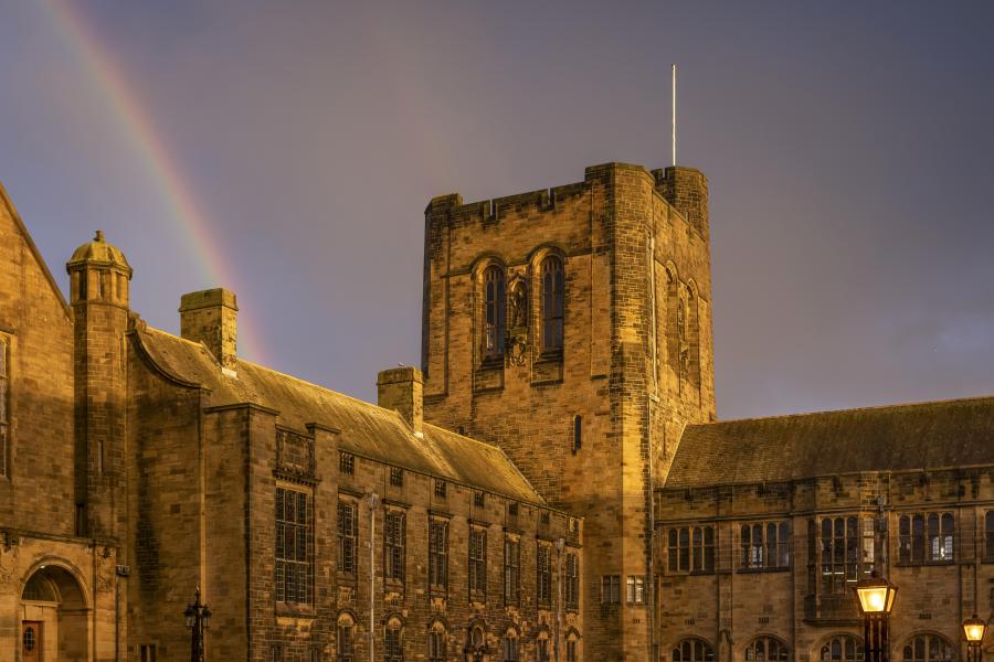 Bangor University Inner Quad with rainbow in background