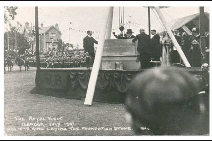 The Royal Visit.  Image showing royals helping to lay the first foundation stone to build Bangor University in July 1907