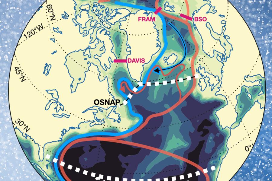 An image of the globe focussing on the North Atlantic and showing the positions of the RAPUD and OSNAP long-term mooring arrays