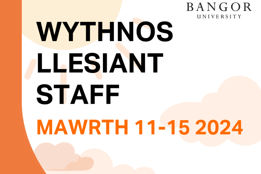 Logo yr wythnos llesiant staff sy'n cynnwys cefndir du ac oren a'r geiriau wythnos llesiant staff a'r dyddiad 11 i 15 Mawrth 2024