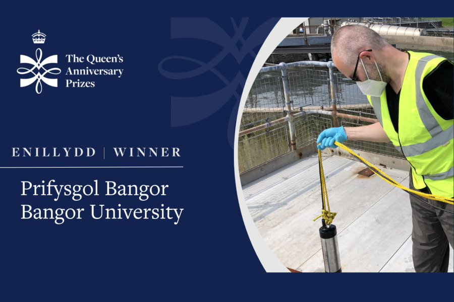 Image of person testing waste water with The Queen's Anniversary Prize branding