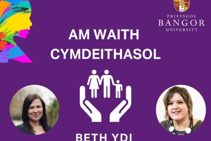 a purple coloured poster with BU logo promoting the 'Am Waith Cymdeithasol' Podcast, four images of the speakers taking part in the podcast 