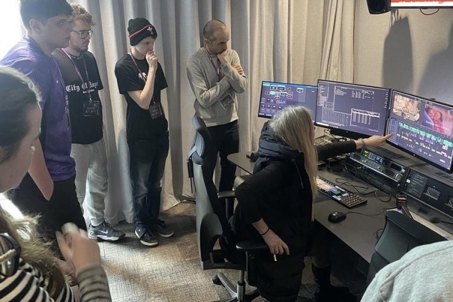 Group of students in an editing studio