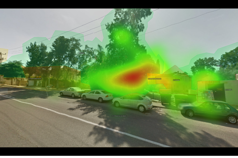 a bus stop is obscured by green and red, marking where people are looking at the build environment