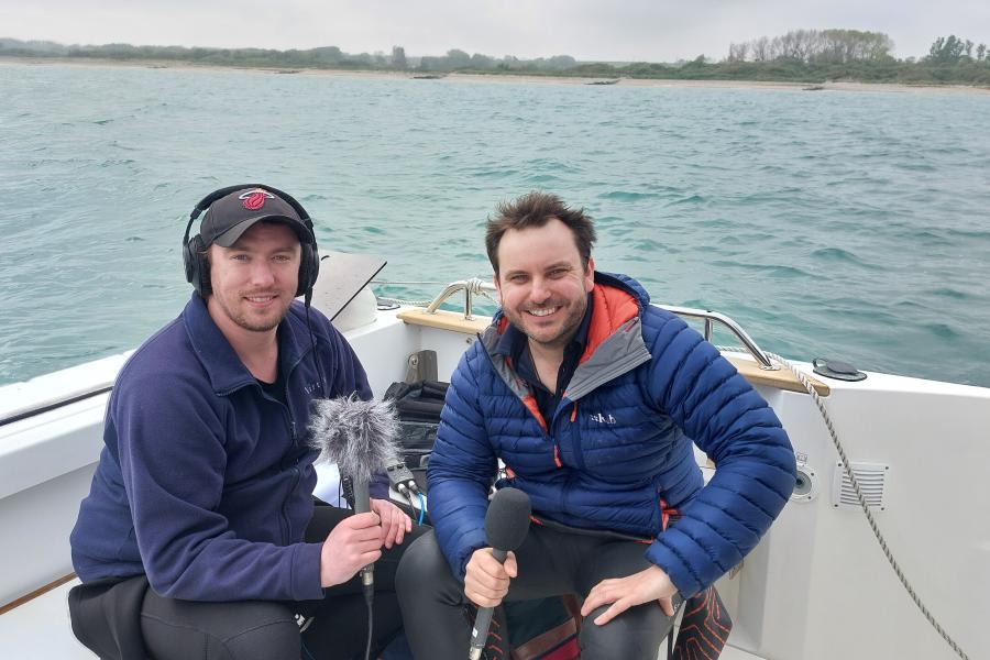 Professor Christian Dunn (right) and Harry Lewis from the BBC recording the documentary The Beaches off the Normandy coast 