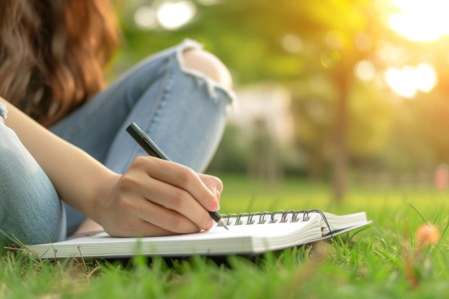 Girl writing in a notebook with sunset in background