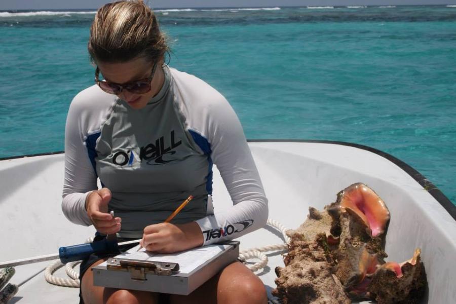 Dr Laura Richardson taking measurements of crustaceans in a tropical environment