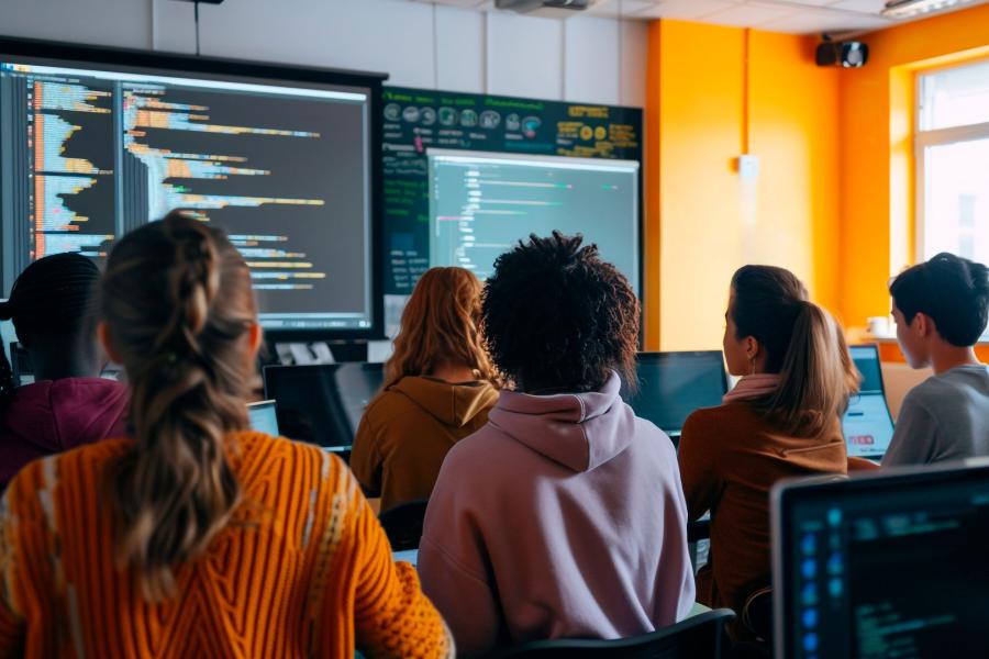 Myfyrwyr mewn darlith Cyfrifiadureg