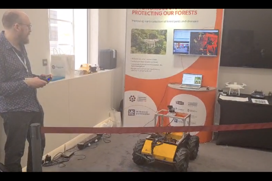 Seumas Bates testing a prototype woodland management drone which uses a LIDAR navigation system and foliage harvesting tool.