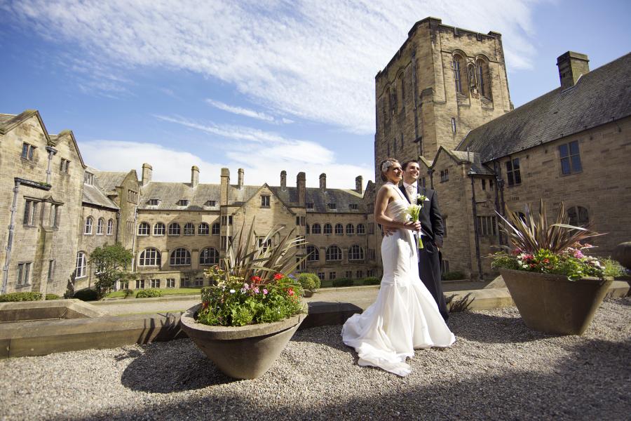Image of a wedding in the Inner quad at Bangor University