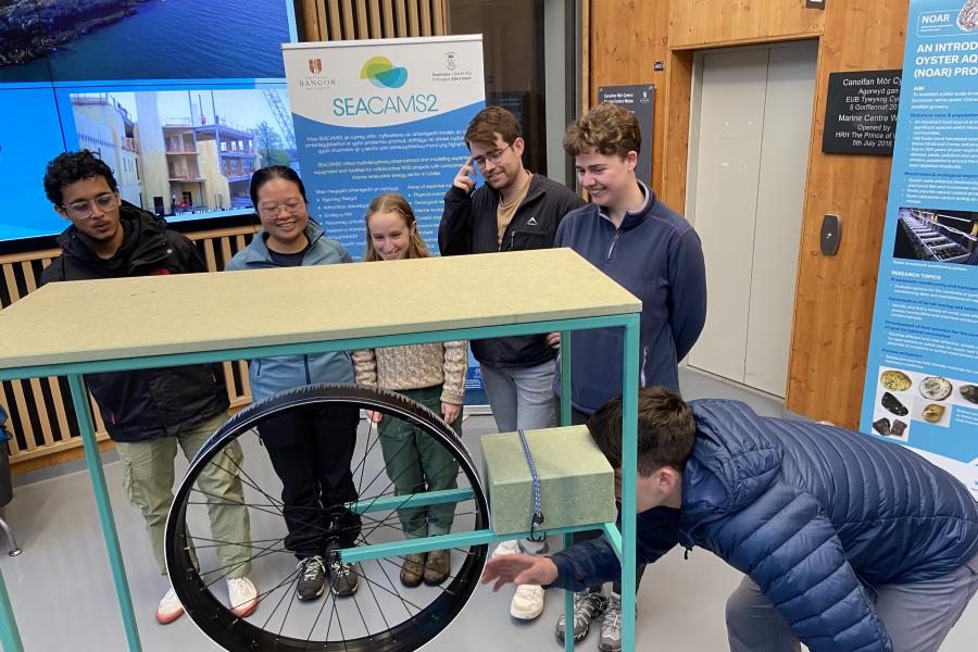 students trying out the wave machine