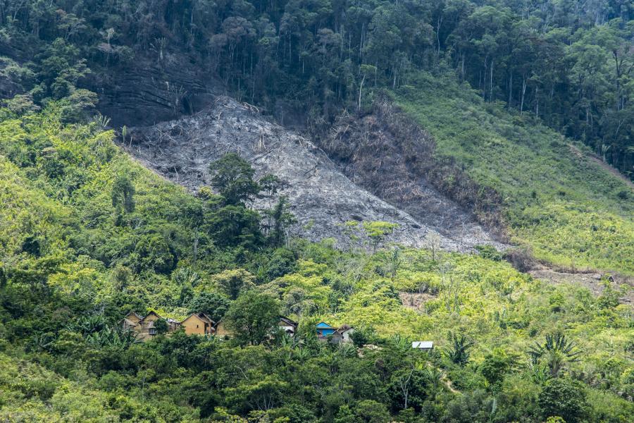 A photo of a forested hillside in Madagascar with a small village in amongst the trees and a deforested patch behind the village 