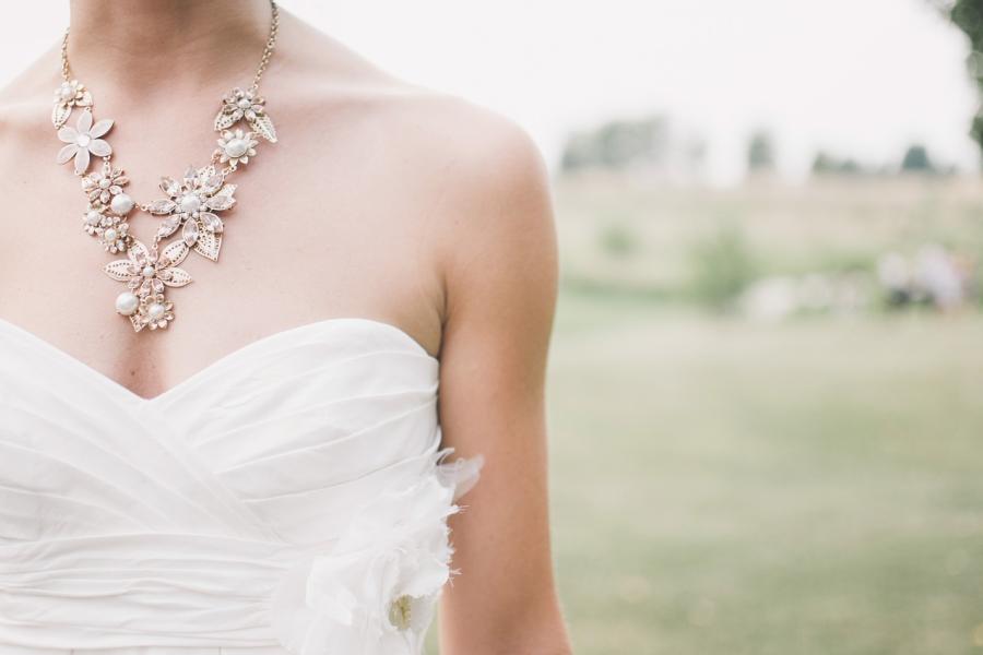 Image of bride in wedding dress with stunning jewellery, close up on the upper body
