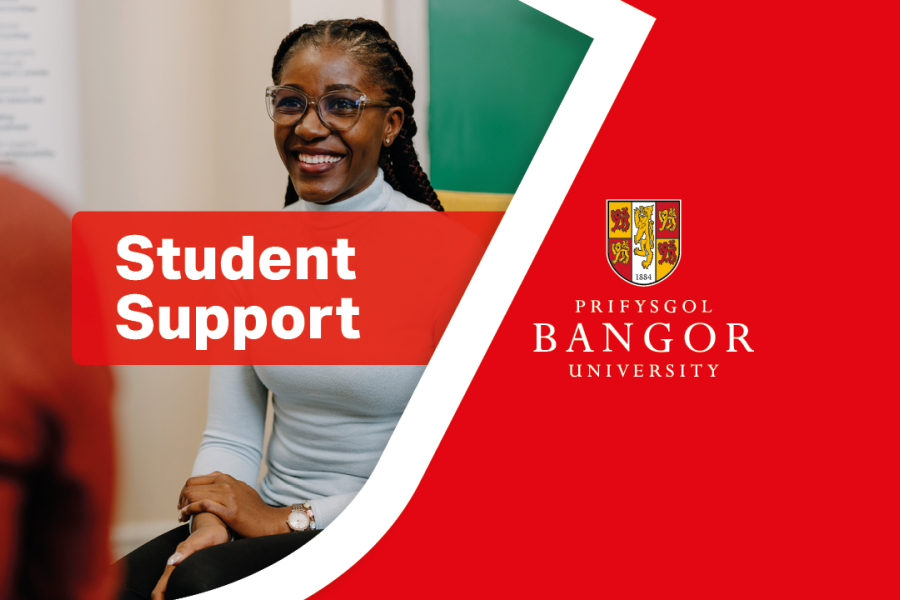 Student Support heading and Bangor University logo with a student smiling