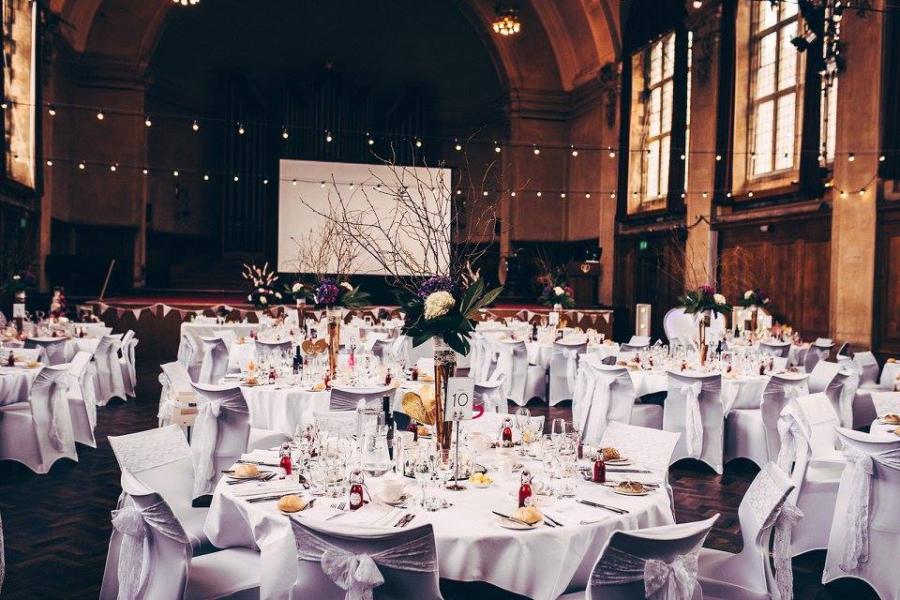 Image of Prichard Jones Hall set up for a Wedding breakfast