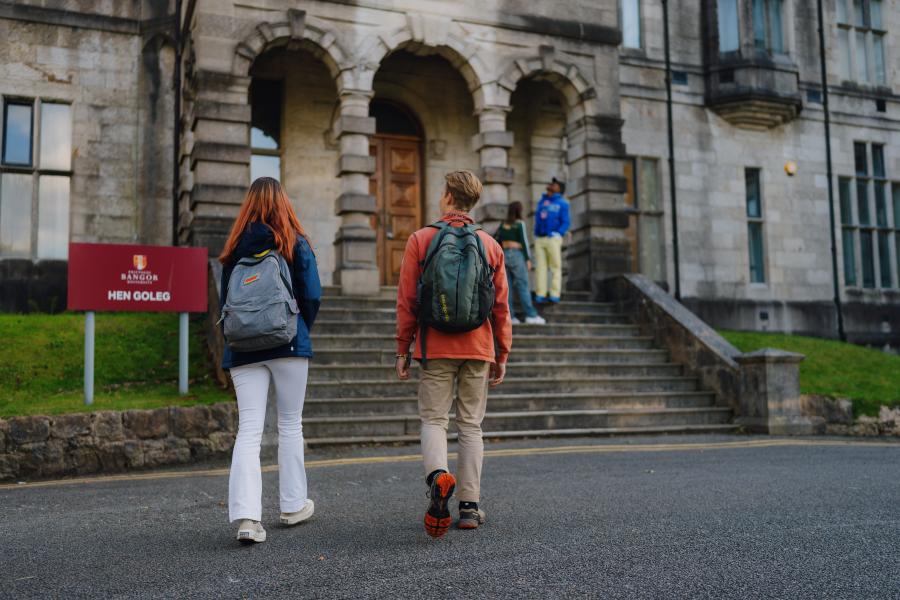 Students walking towards the steps outside Hen Goleg.