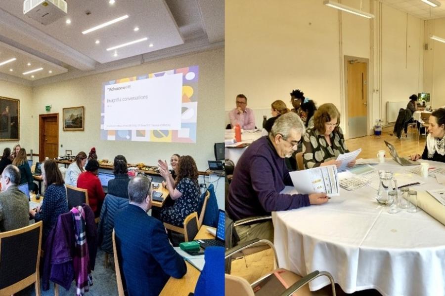 Image of a group of people sat around conference tables