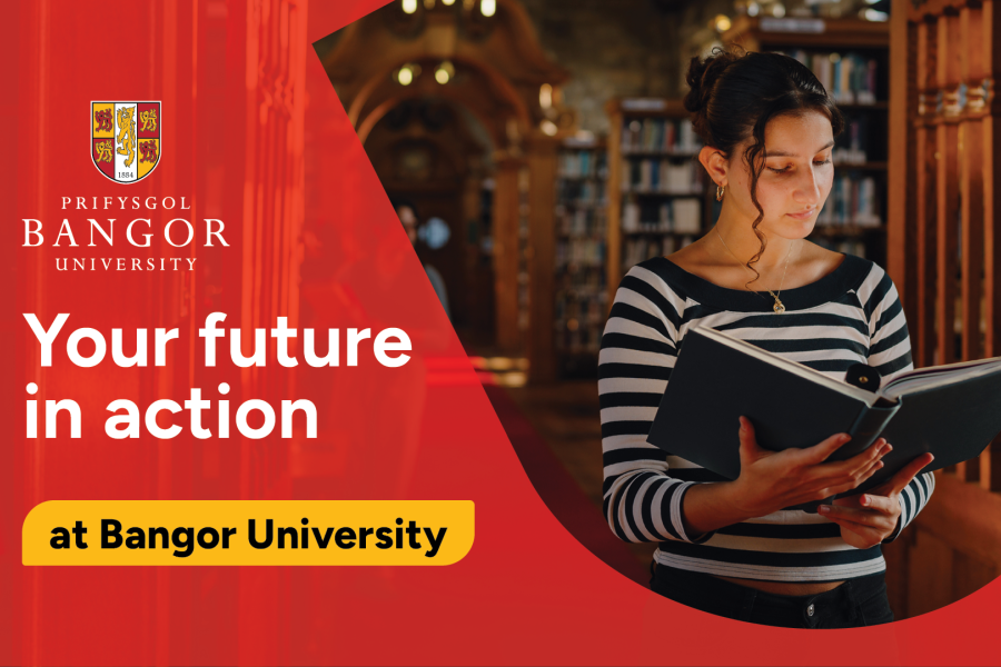 Text: Your future in action with a student reading a book in the library