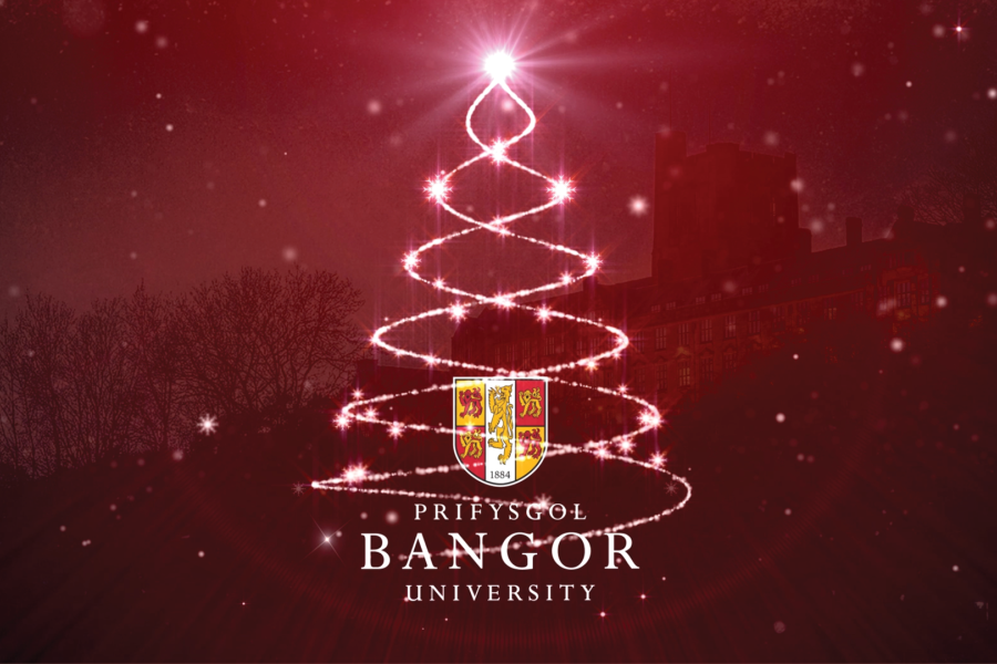 Bangor University logo encased in festive lights shaped as a Christmas tree