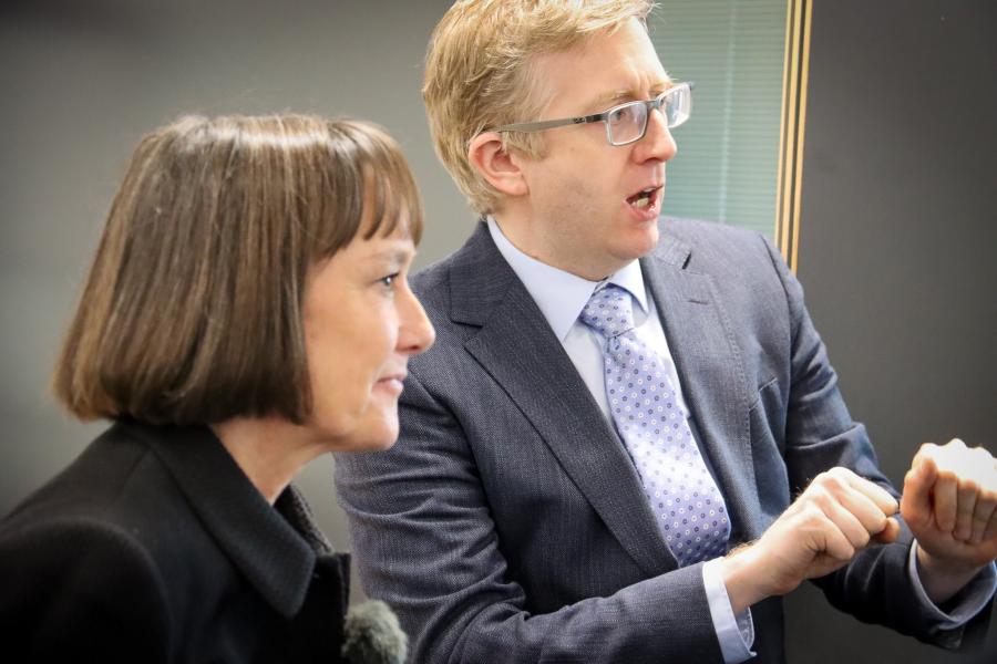 Picture of Michael Rushton and  Secretary of State Jo Stevens - both in suits engaged in conversation looking to the side