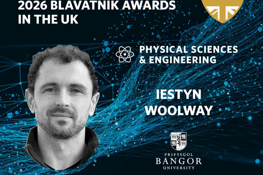 Graphic announcing a finalist for the 2026 Blavatnik Awards in the UK. The background features blue flowing data-like lines. Text highlights the Physical Sciences & Engineering category and the name Iestyn Woolway. Logos for Bangor University, the Blavatnik Awards Young Scientists, the Blavatnik Family Foundation, and The New York Academy of Sciences appear at the bottom, with a gold United Kingdom emblem at the top right.