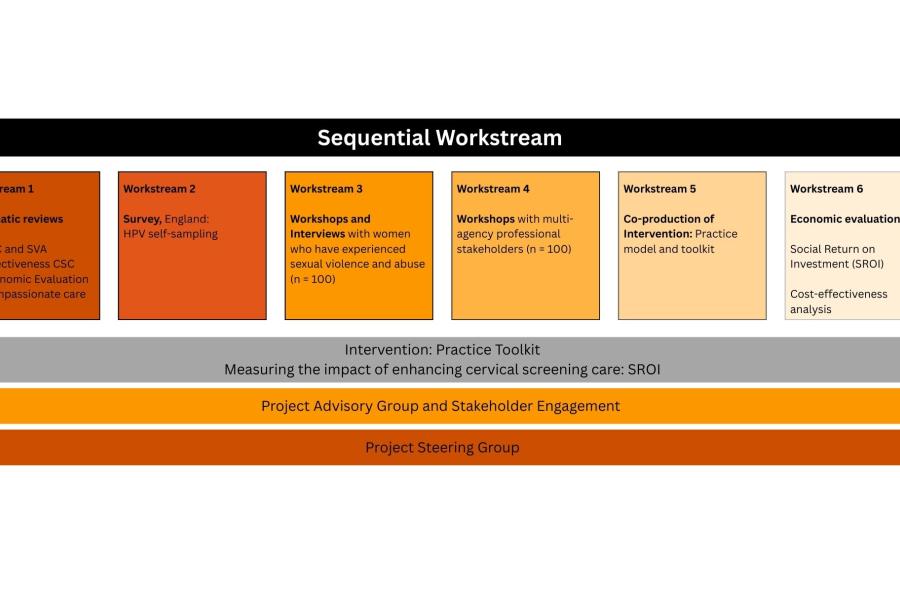 Title: Sequential Workstream A sequential workstream diagram for developing an Intervention: Practice Toolkit and measuring the impact of enhancing cervical screening care: SROI. Governance and engagement run alongside the work: Project Advisory Group and Stakeholder Engagement, and Project Steering Group. The work then progresses through six workstreams: Workstream 1: Systematic reviews - (1) CSC and SVA; (2) Effectiveness CSC; (3) Economic Evaluation; (4) Compassionate care. Workstream 2: Survey, England 