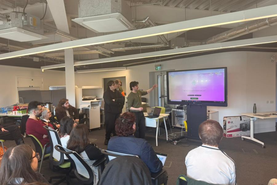 Computer Science Hackathon - Second place team Dyfan Nesbitt (3rd-year Computer Science), Demsey Sansom (3rd-year Computer Science with Game Design), and Oliver Bridges (3rd-year Computer Science with Game Design) who won £500 for their solution, CrewUp.