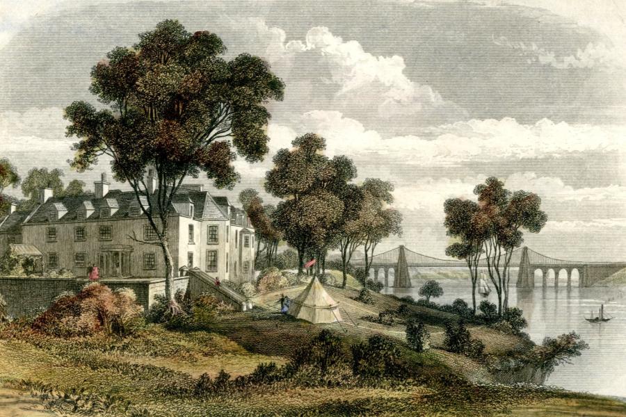 Old photo of Menai Bridge from the George Hotel 