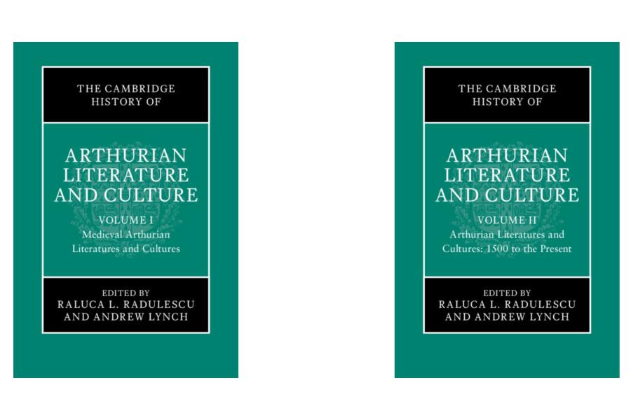 Two book covers from “The Cambridge History of Arthurian Literature and Culture.” Volume I, “Medieval Arthurian Literatures and Cultures,” and Volume II, “Arthurian Literatures and Cultures: 1500 to the Present,” both edited by Raluca L. Radulescu and Andrew Lynch, with teal covers and black title panels.